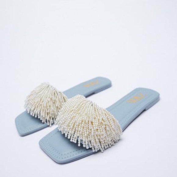 Zara Shoes - Zara Blue and Cream Beaded Slide Sandals